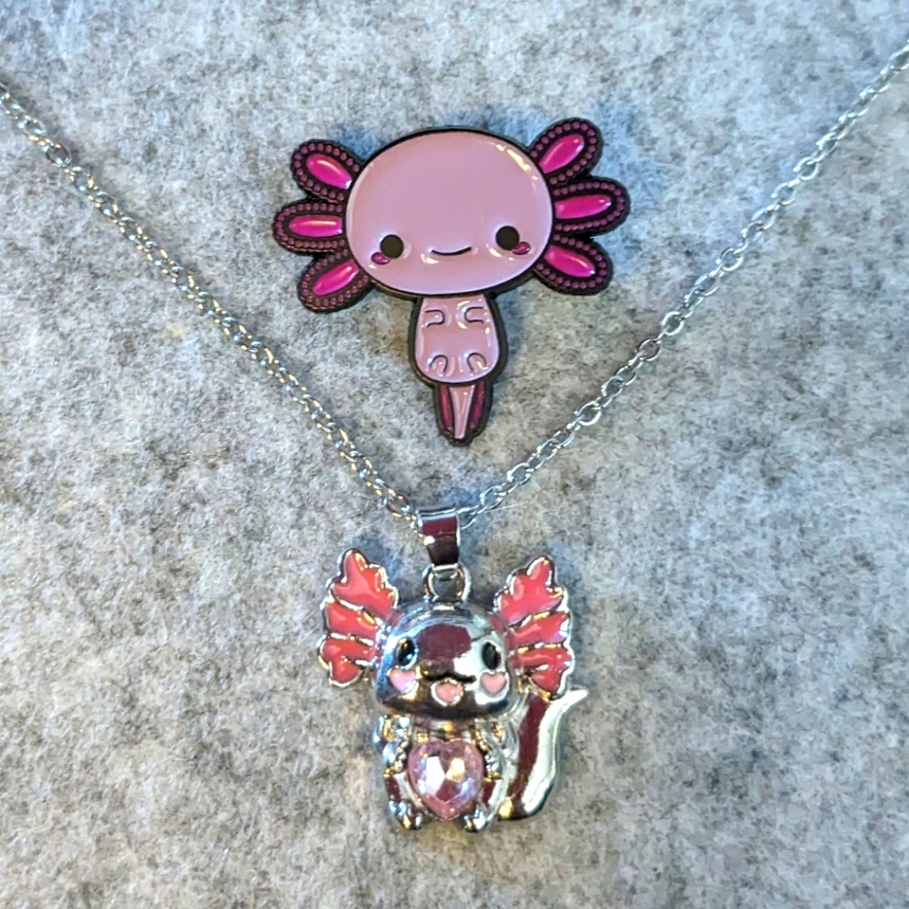 Adorable Axolotl Necklace & Pin Gift Set